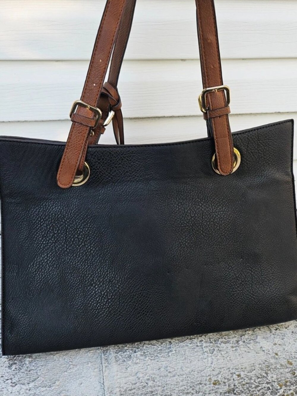 Women Handbag Black Faux Leather Shoulder Bag W/ Pouch Brown Handle Fashion Bag